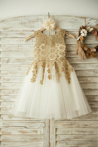 Gold Lace Ivory Tulle Wedding Flower Girl Dress