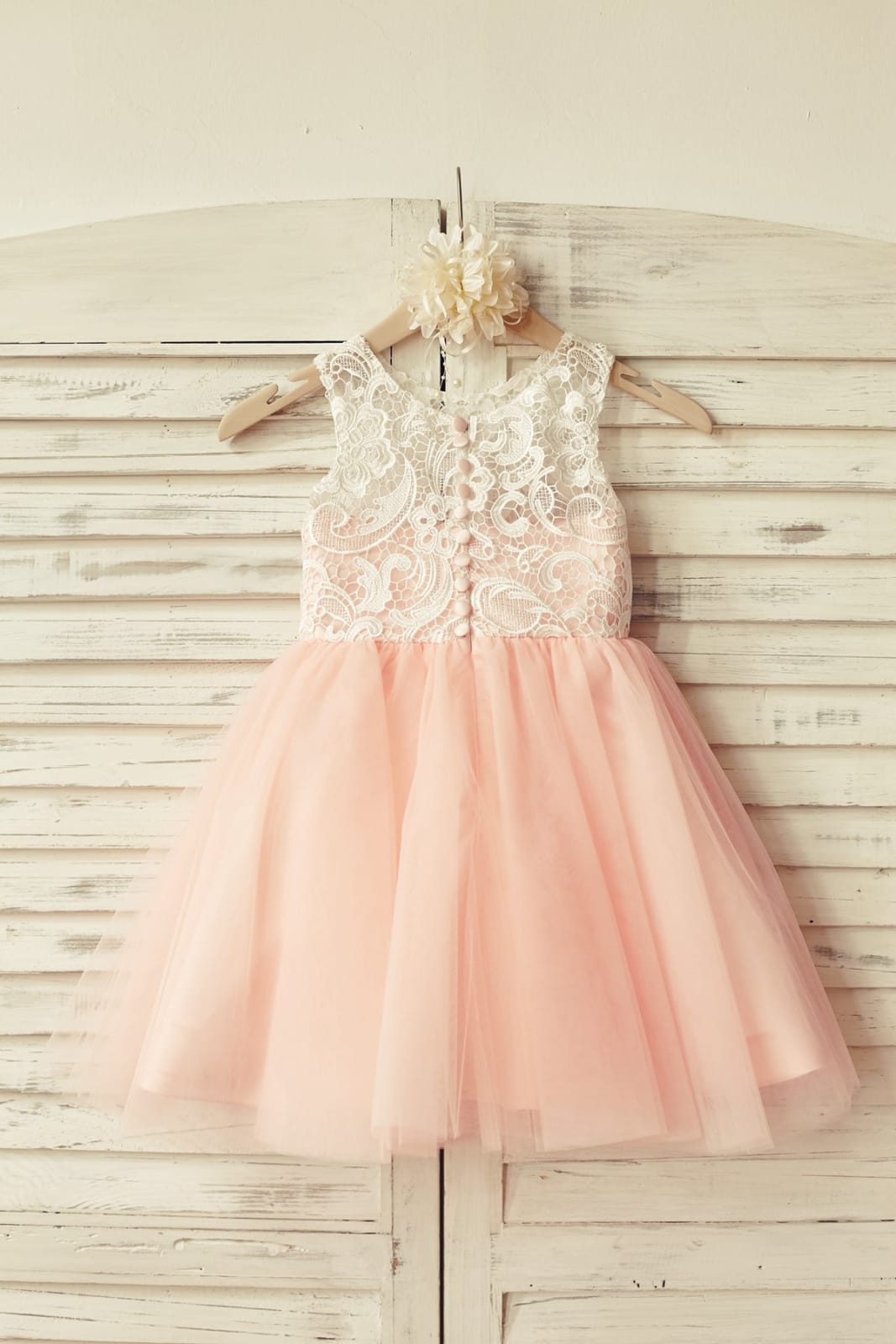 Princess Ivory Lace Blush Pink Tulle Flower Girl Dress