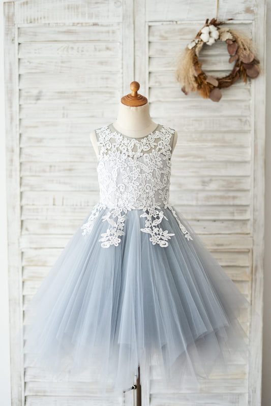 Princess Ivory Lace Gray Tulle Wedding Flower Girl Dress