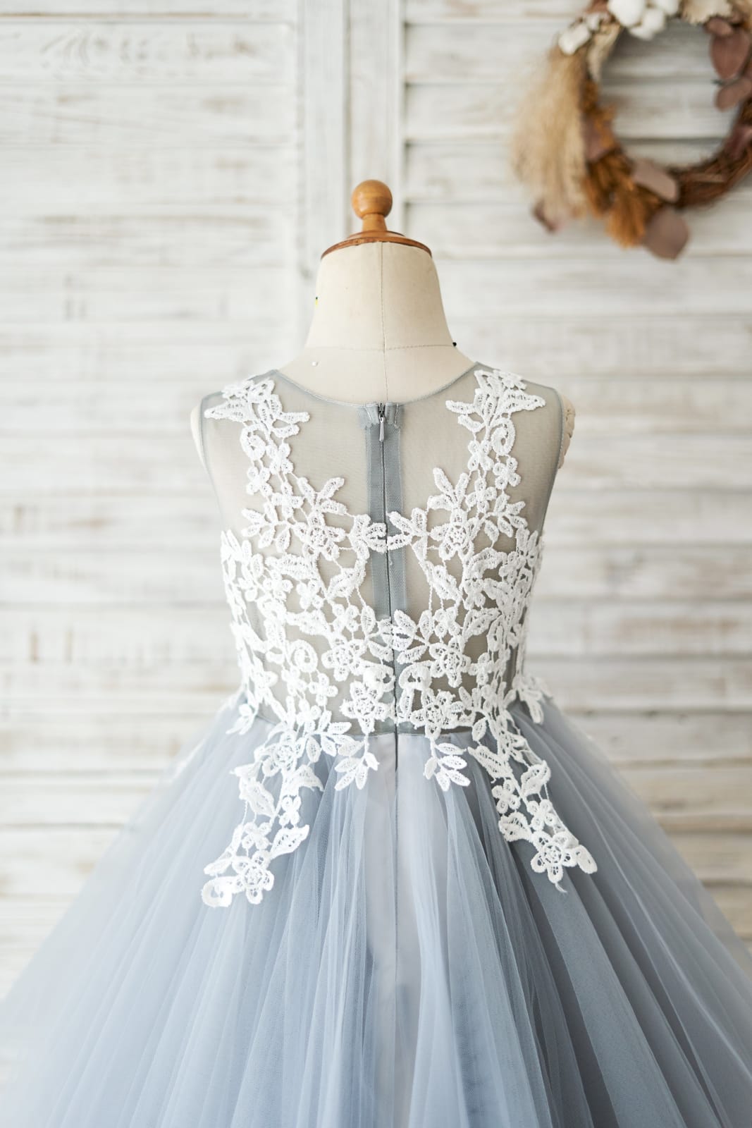 Princess Ivory Lace Gray Tulle Wedding Flower Girl Dress