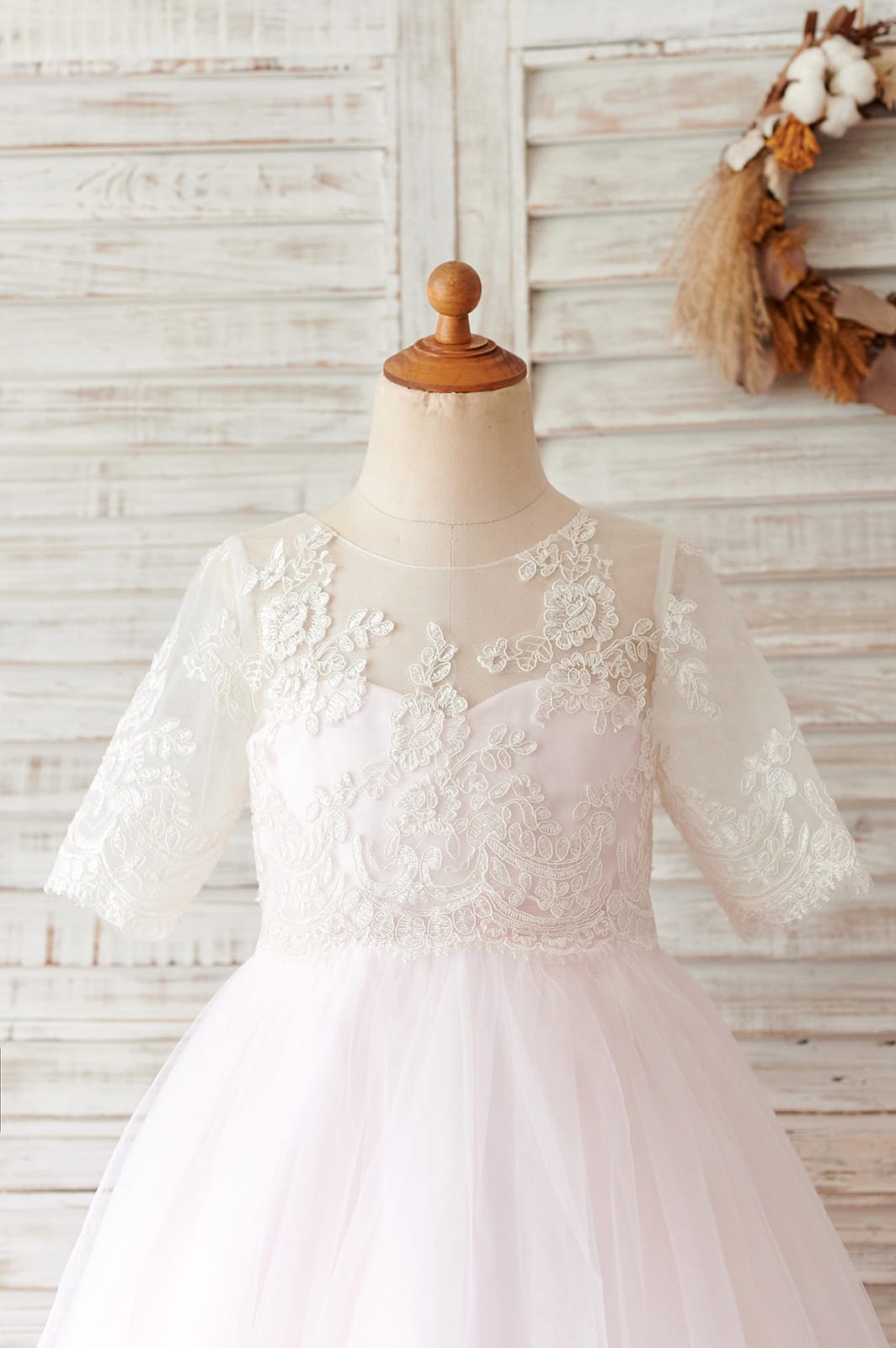 Ivory Lace Pink Tulle Short Sleeves Wedding Flower Girl 