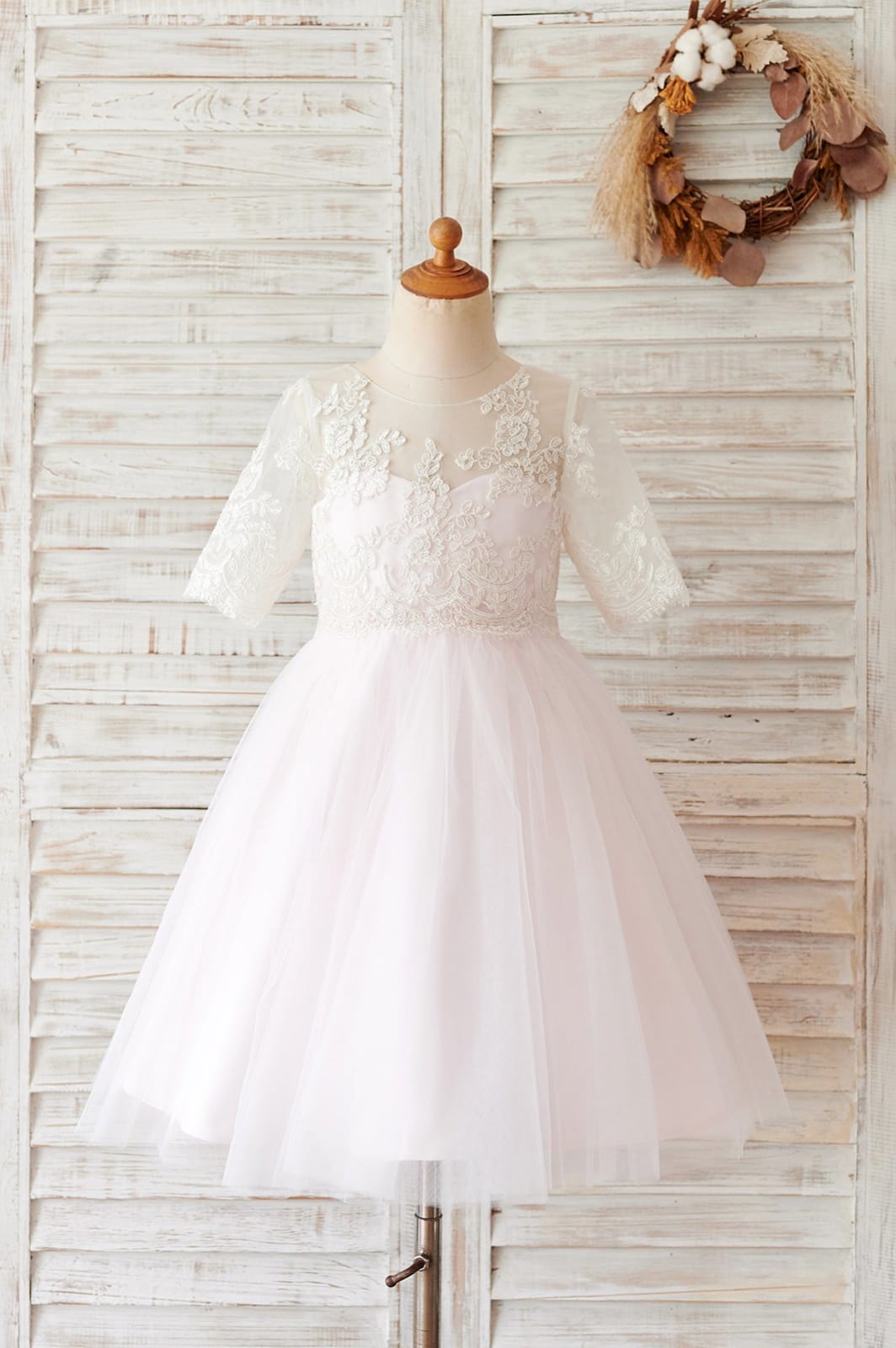 Ivory Lace Pink Tulle Short Sleeves Wedding Flower Girl 