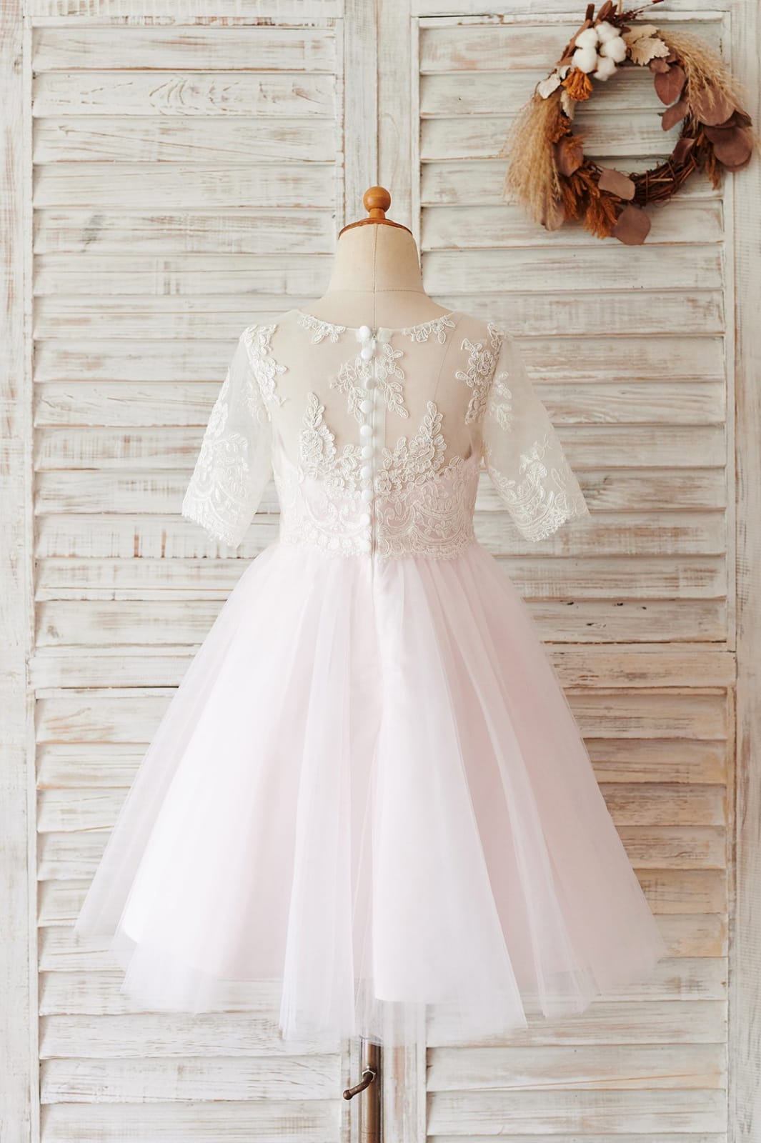 Ivory Lace Pink Tulle Short Sleeves Wedding Flower Girl 