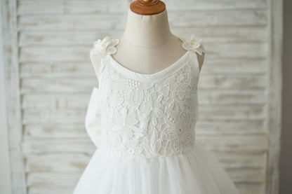 Princess Ivory Lace Tulle V Back Wedding Flower Girl Dress 