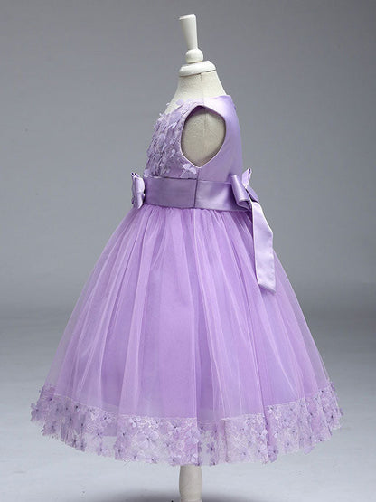 Princess Lilac Purple Lace Tulle Ribbon Bows Kids Tutu Party Dress-showprettydress