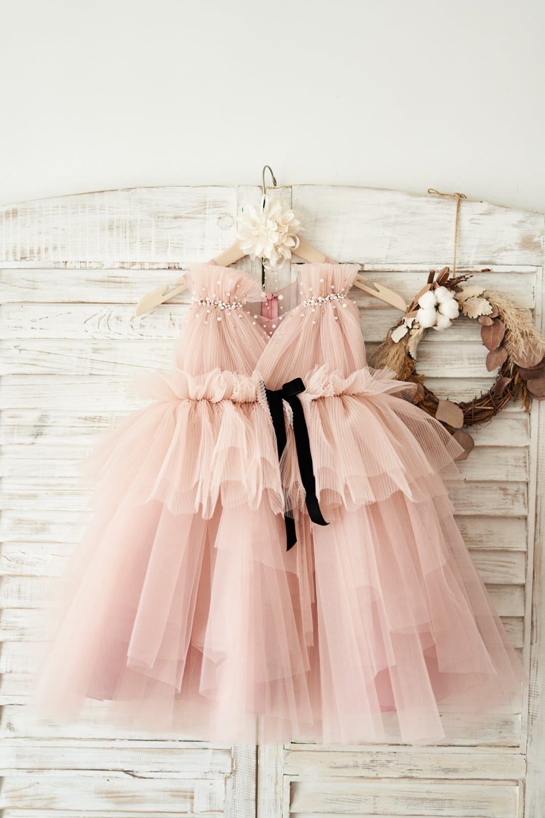 Mauve Tulle V Neck Wedding Flower Girl Dress with Beading