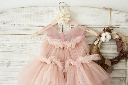 Mauve Tulle V Neck Wedding Flower Girl Dress with Beading