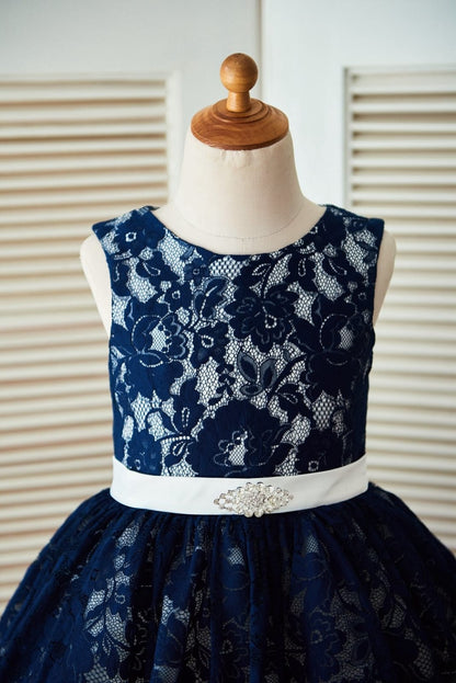 Princess Navy Blue Lace Ivory Tulle Wedding Flower Girl 