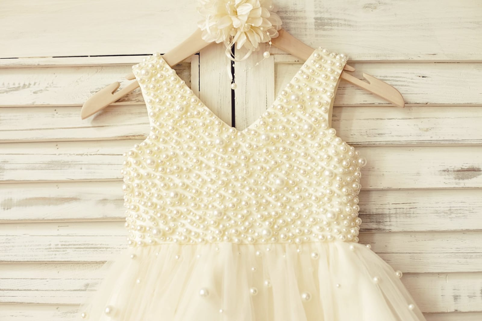 Princess V Neck Champagne Tulle Pearl Beaded Flower Girl 