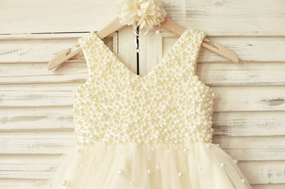 Princess V Neck Champagne Tulle Pearl Beaded Flower Girl 