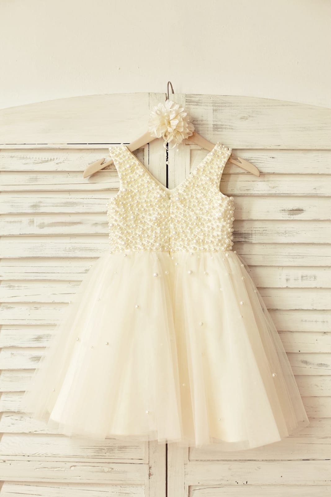 Princess V Neck Champagne Tulle Pearl Beaded Flower Girl 