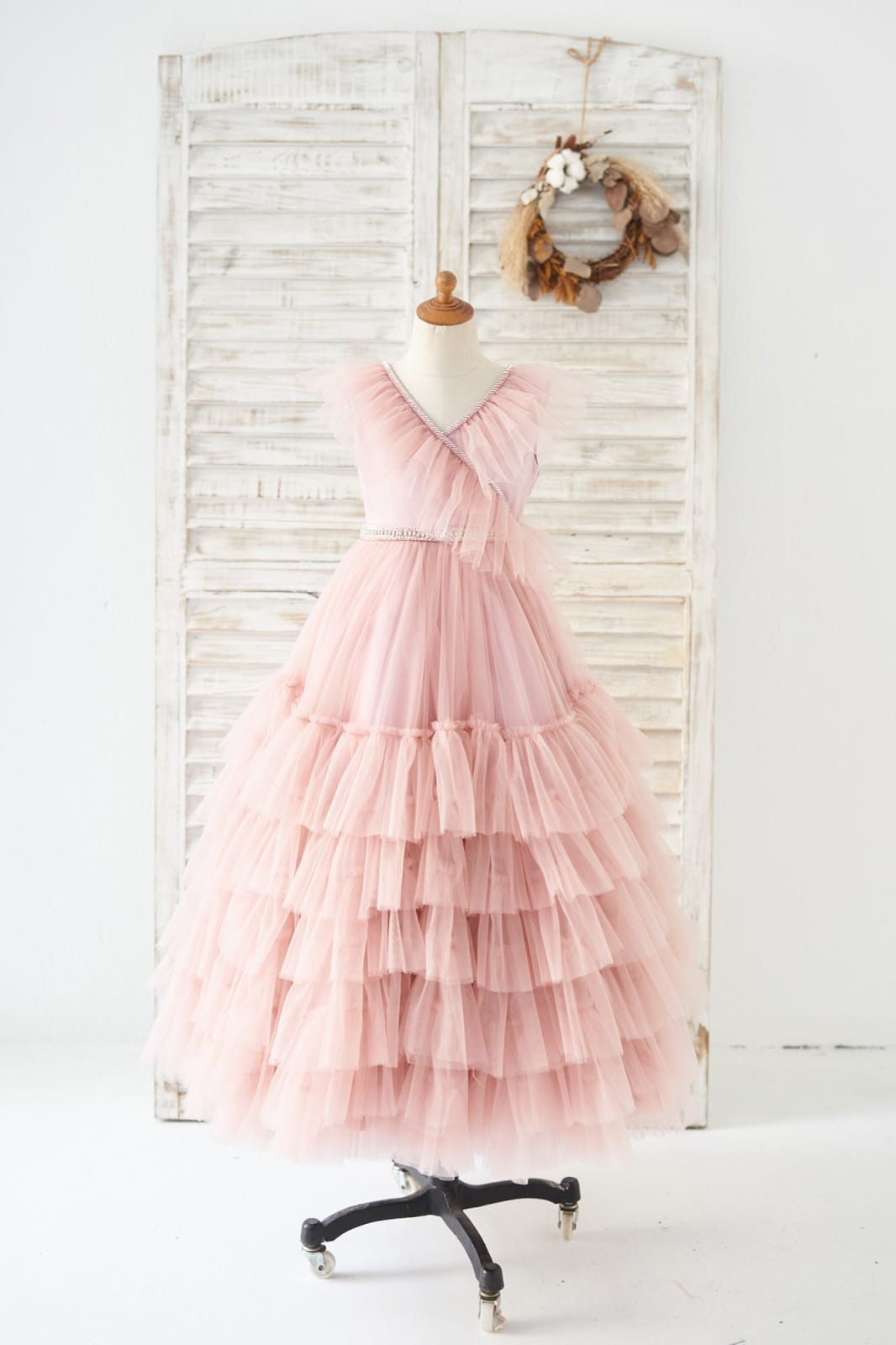 V Neck Mauve Tulle Cupcake Wedding Flower Girl Dress Kids 