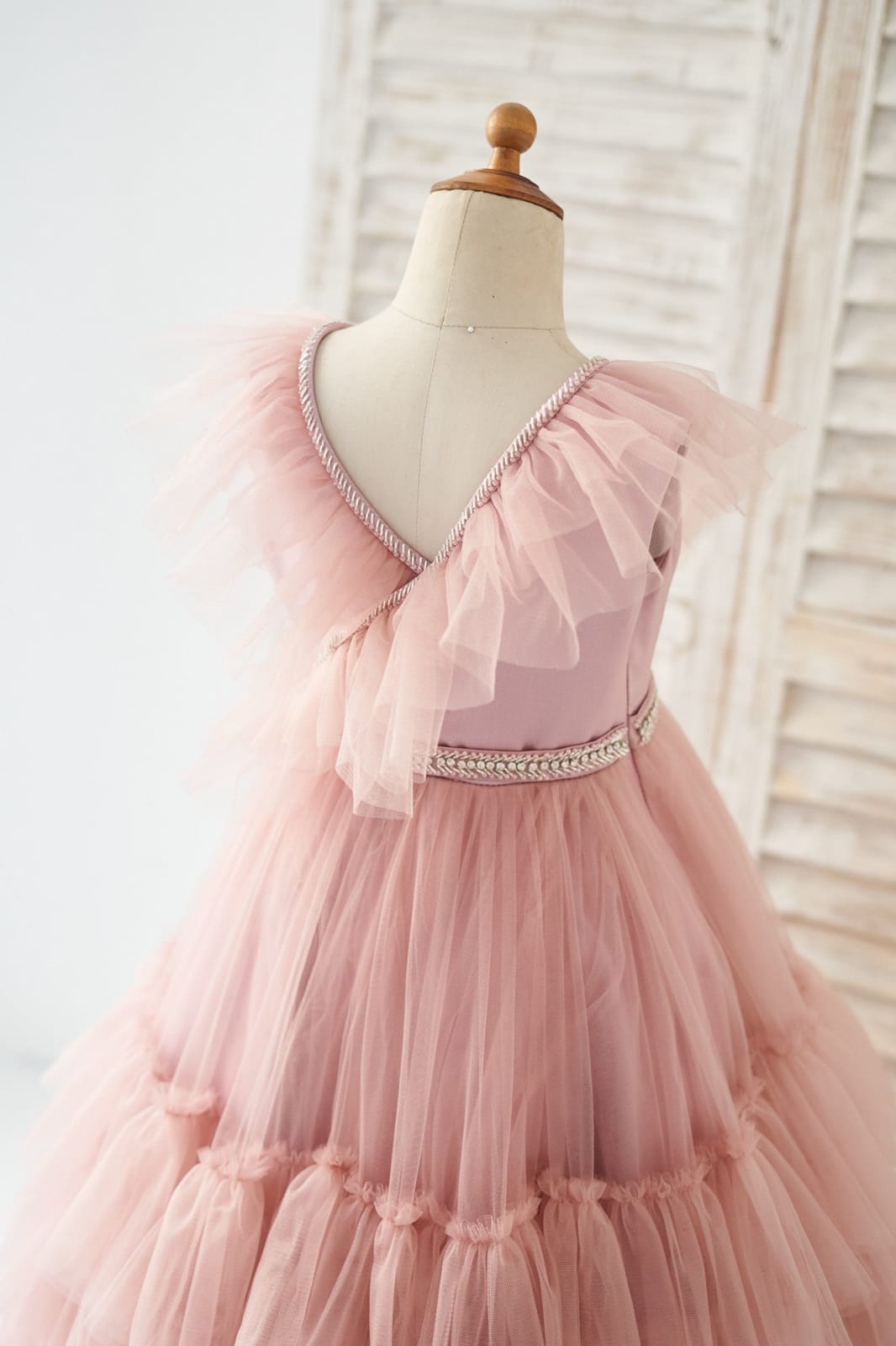 V Neck Mauve Tulle Cupcake Wedding Flower Girl Dress Kids 