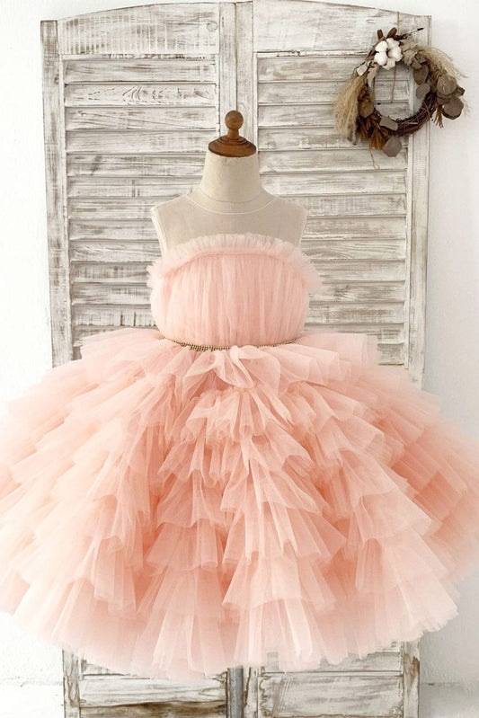 Blush Pink Cupcake Tulle Wedding Flower Girl Dress Kids 