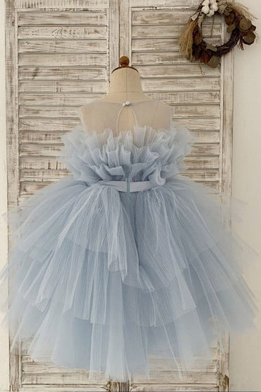 Sheer Neck Pleated Blue Tulle Wedding Flower Girl Dress Kids