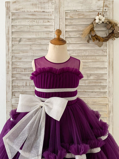 Princess Sheer Neck Pleated Purple Tulle Wedding Flower Girl