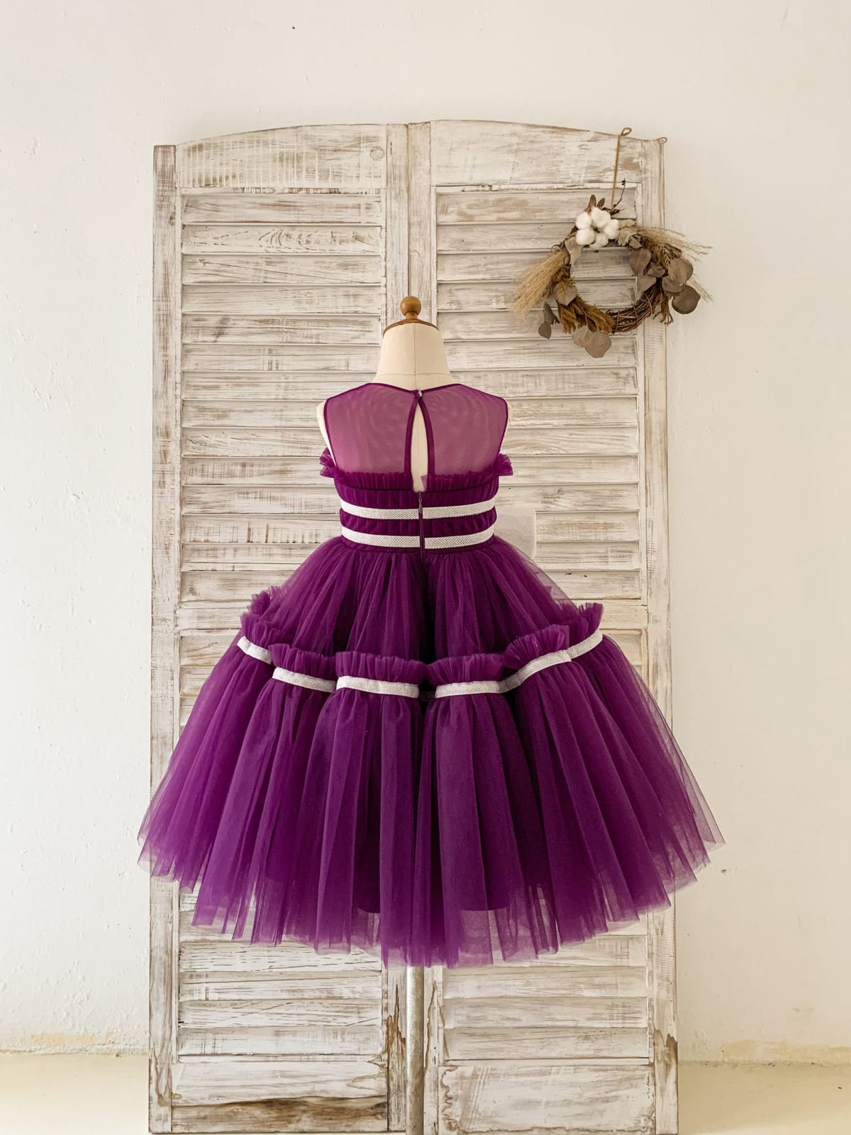 Princess Sheer Neck Pleated Purple Tulle Wedding Flower Girl