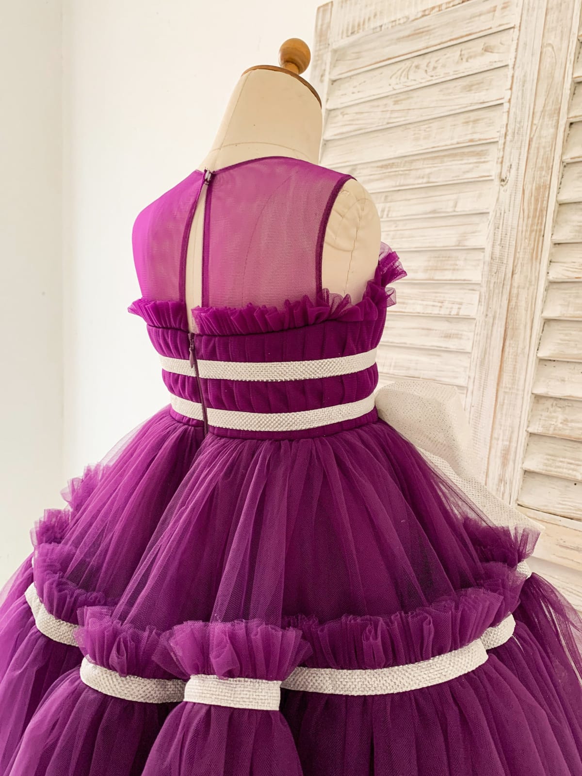 Princess Sheer Neck Pleated Purple Tulle Wedding Flower Girl