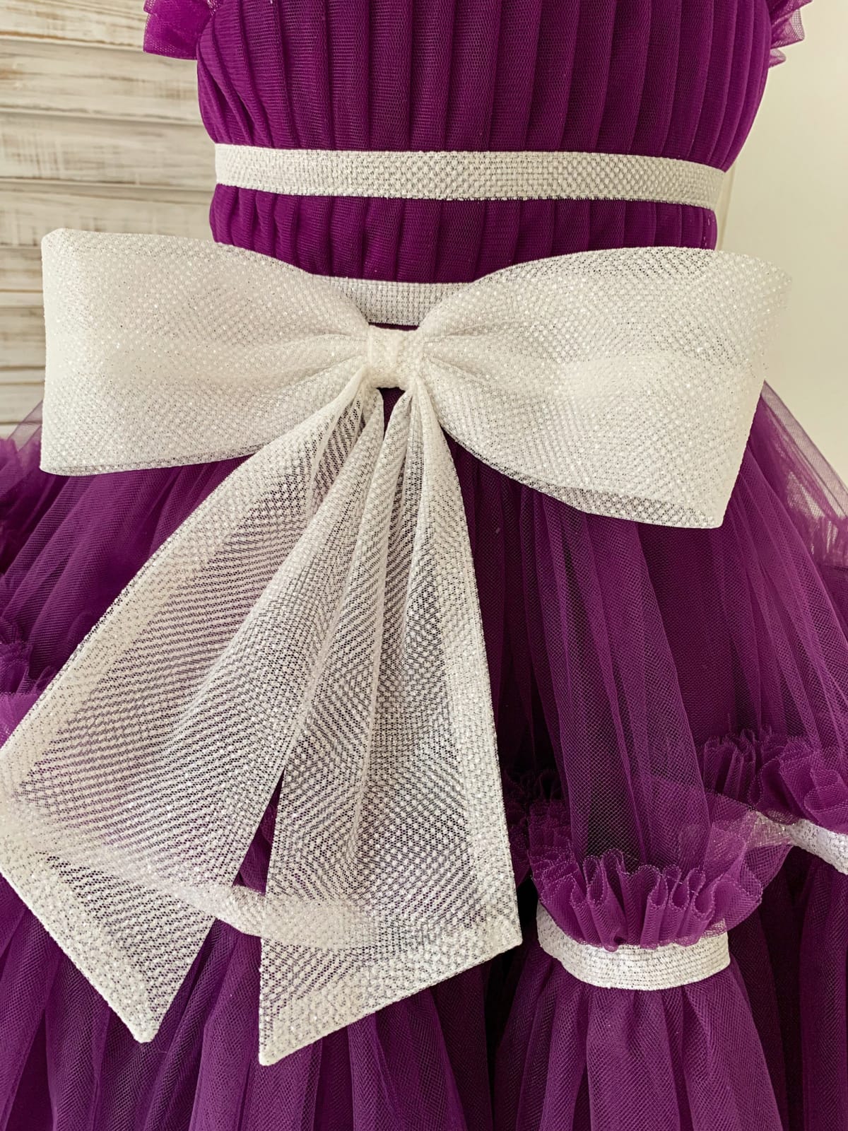 Princess Sheer Neck Pleated Purple Tulle Wedding Flower Girl