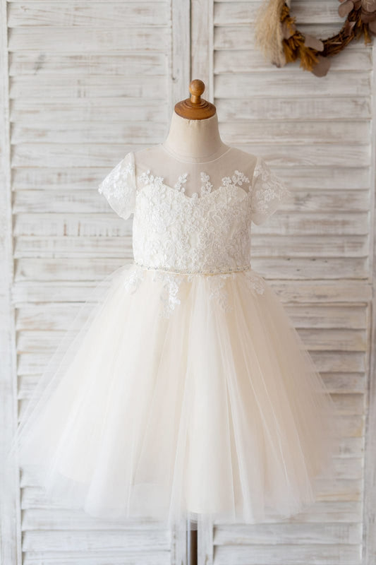 Short Sleeves Ivory Lace Champagne Tulle Wedding Flower Girl