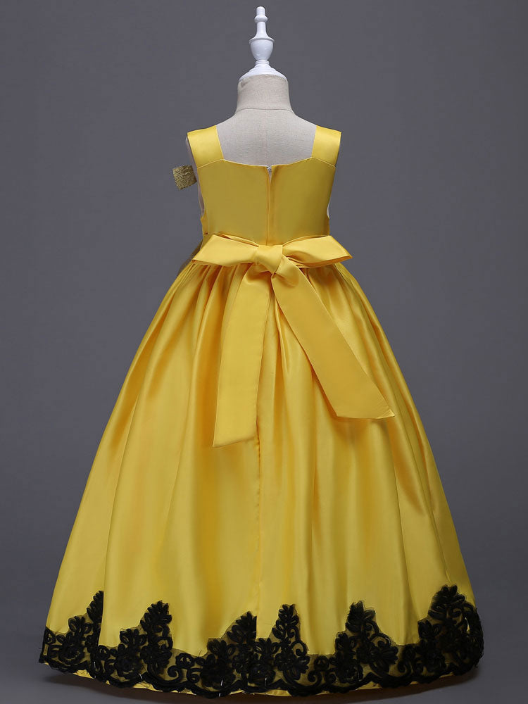 Princess Yellow Lace Applique Bow Decor Kids Pageant flower girl dresses-showprettydress