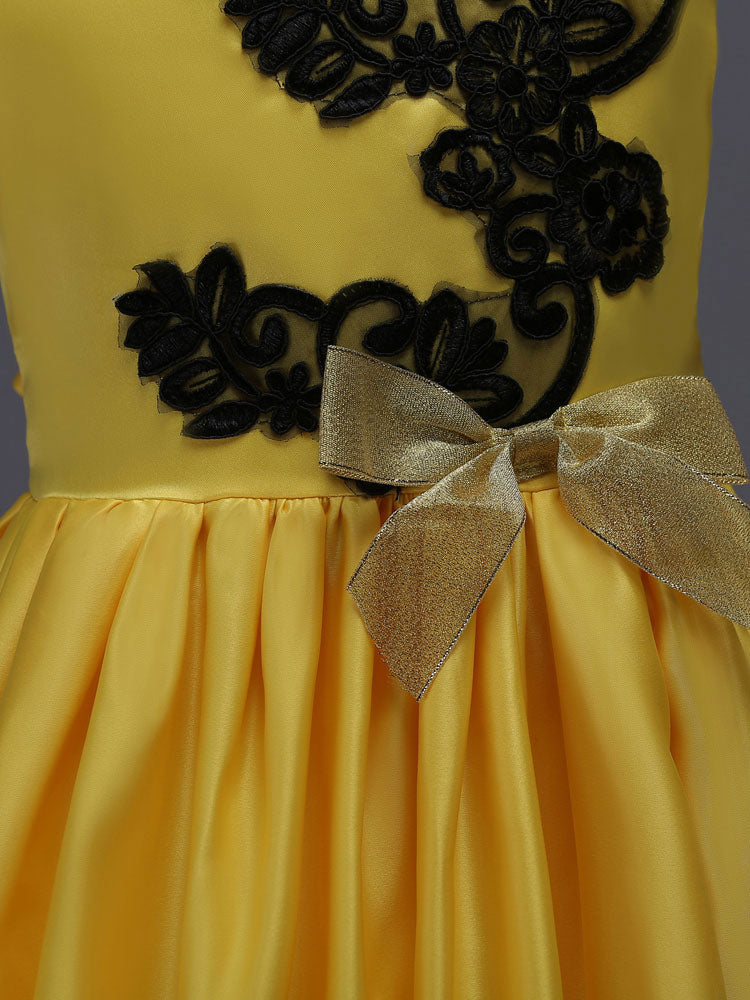 Princess Yellow Lace Applique Bow Decor Kids Pageant flower girl dresses-showprettydress