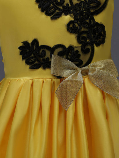 Princess Yellow Lace Applique Bow Decor Kids Pageant flower girl dresses-showprettydress