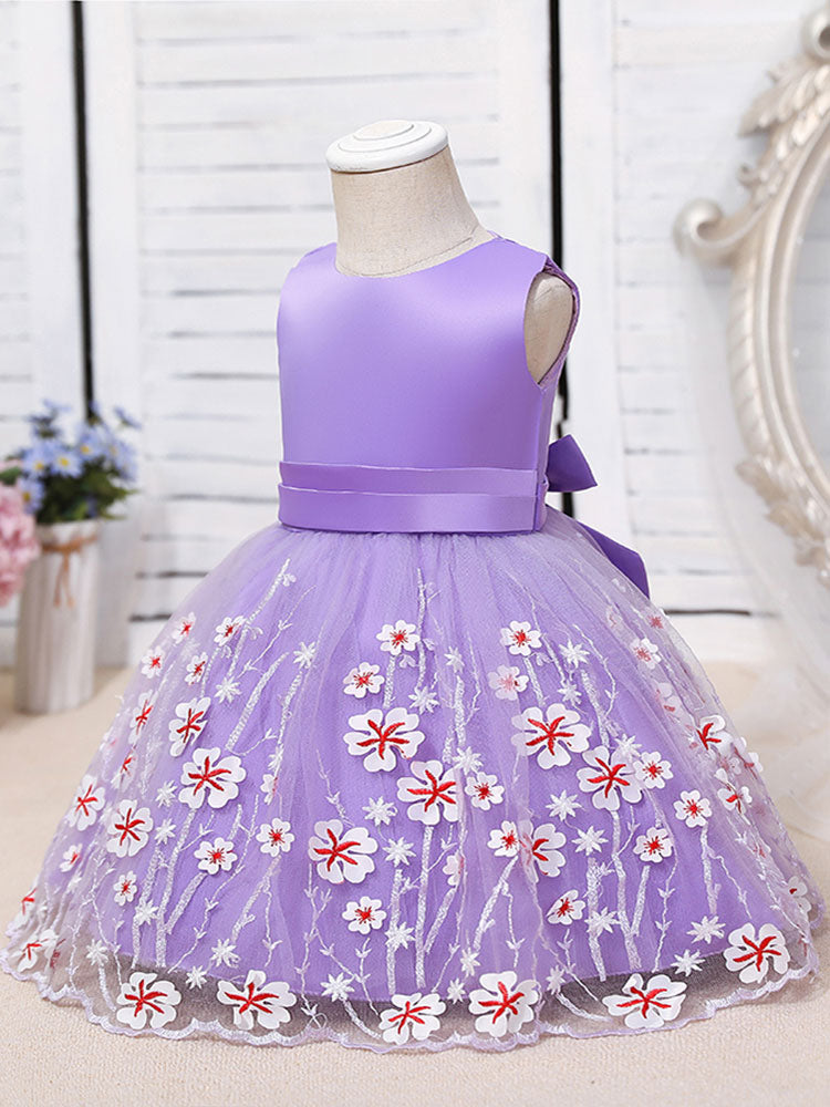 Purple Jewel Neck Cotton Tulle Sleeveless Short A-Line Embroidered Kids Party Dresses-showprettydress