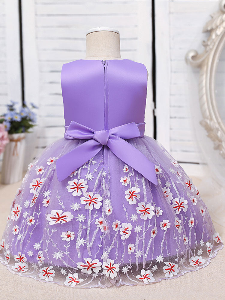 Purple Jewel Neck Cotton Tulle Sleeveless Short A-Line Embroidered Kids Party Dresses-showprettydress