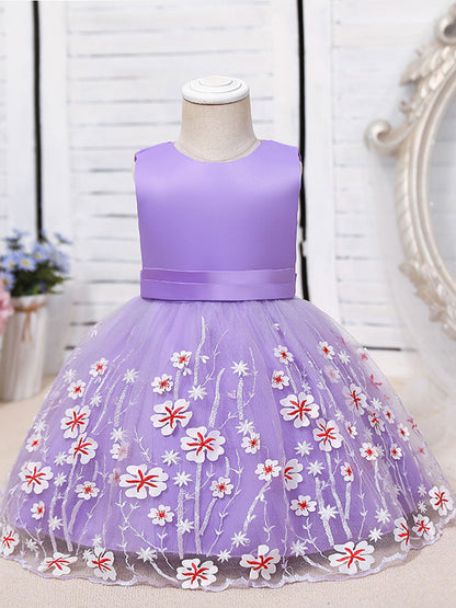 Purple Jewel Neck Cotton Tulle Sleeveless Short A-Line Embroidered Kids Party Dresses-showprettydress