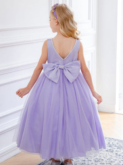 Purple Jewel Neck Sleeveless Polyester Tulle Beaded Kids Social Party Dresses-showprettydress