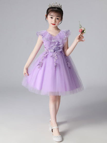 Purple V-Neck Sleeveless Tulle Lace Kids Party Dresses-showprettydress