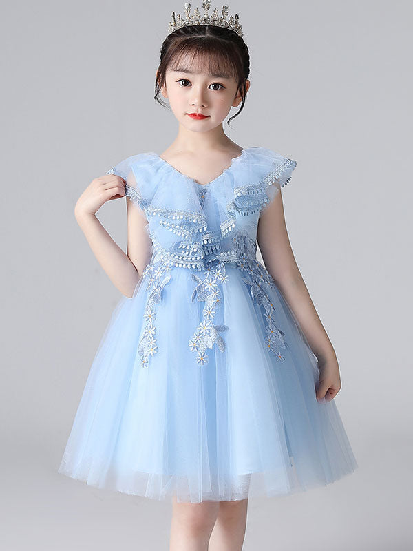 Purple V-Neck Sleeveless Tulle Lace Kids Party Dresses-showprettydress