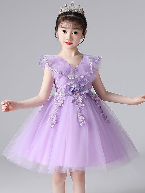 Purple V-Neck Sleeveless Tulle Lace Kids Party Dresses-showprettydress