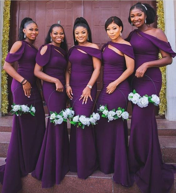 Hot Long Off the Shoulder Dark Purple Satin Bridesmaid Dresses Mermaid