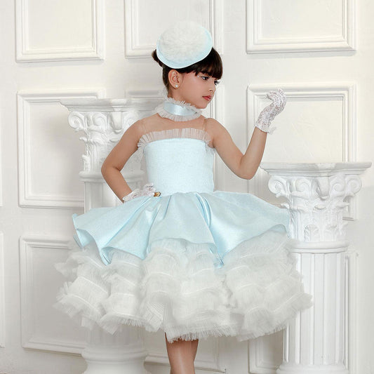 Roycebridal Luxury Sky Blue Arabric Girl Dress with Headgear Kids Princess Birthday Wedding Party Children Holiday Gown 2025 J194