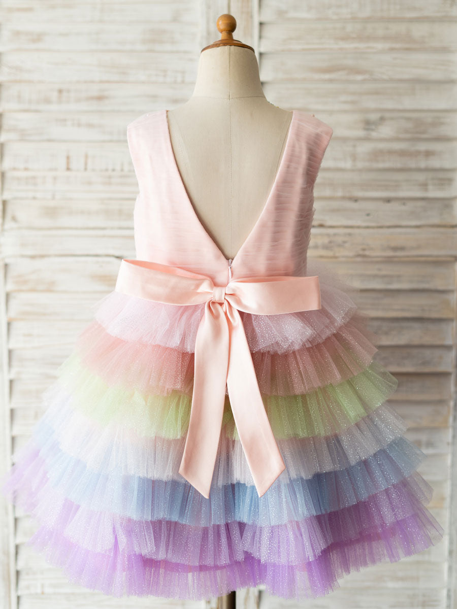 Rainbow Color Jewel Neck Tulle Sleeveless Short Princess Pearls Kids Social Party Dresses-showprettydress