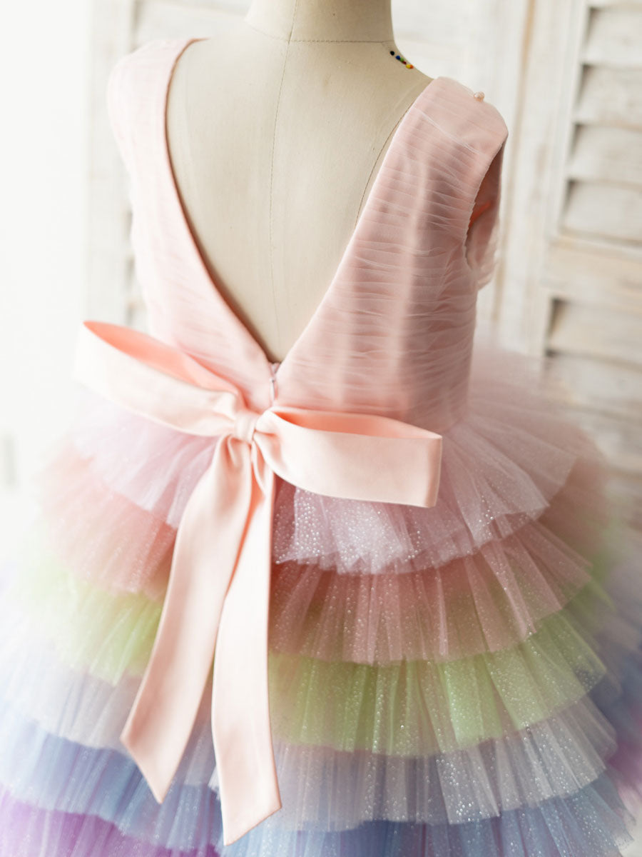 Rainbow Color Jewel Neck Tulle Sleeveless Short Princess Pearls Kids Social Party Dresses-showprettydress