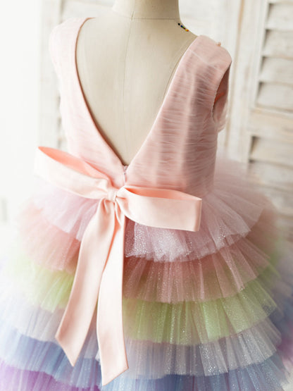 Rainbow Color Jewel Neck Tulle Sleeveless Short Princess Pearls Kids Social Party Dresses-showprettydress