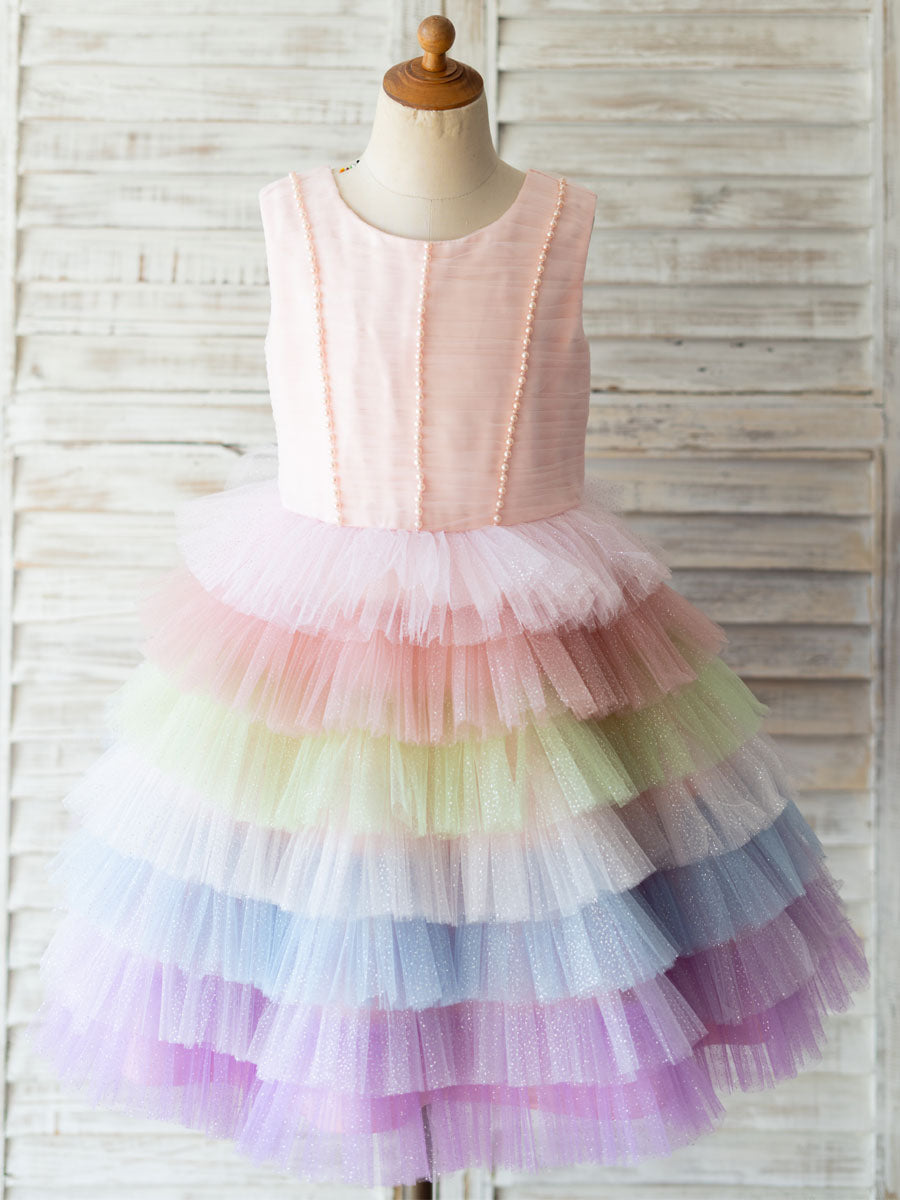 Rainbow Color Jewel Neck Tulle Sleeveless Short Princess Pearls Kids Social Party Dresses-showprettydress