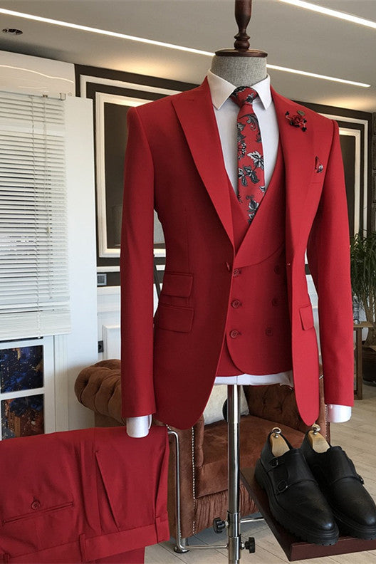 Red Bespoke Three Pieces Peaked Lapel Men's Prom Suits-showprettydress