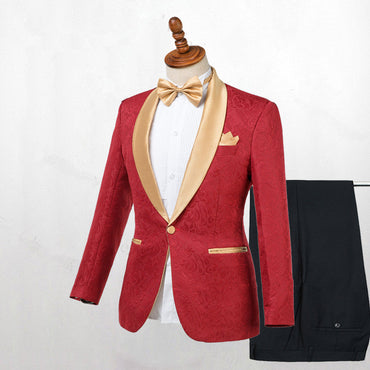 Red Jacquard One Button Wedding Men Suits with Gold Lapel-showprettydress