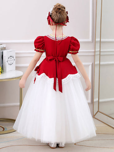 Red Jewel Neck Polyester Short Sleeves Short A-Line Embroidered Formal Kids Pageant flower girl dresses-showprettydress