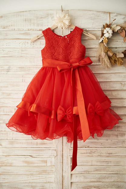 Red Lace Organza Wedding Flower Girl Dress with Belt