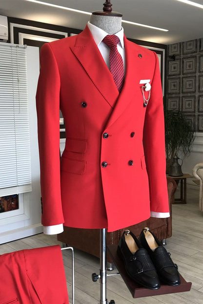 Red Peaked Lapel Double Breasted Bespoke Slim Fit Men's Prom Suits-showprettydress