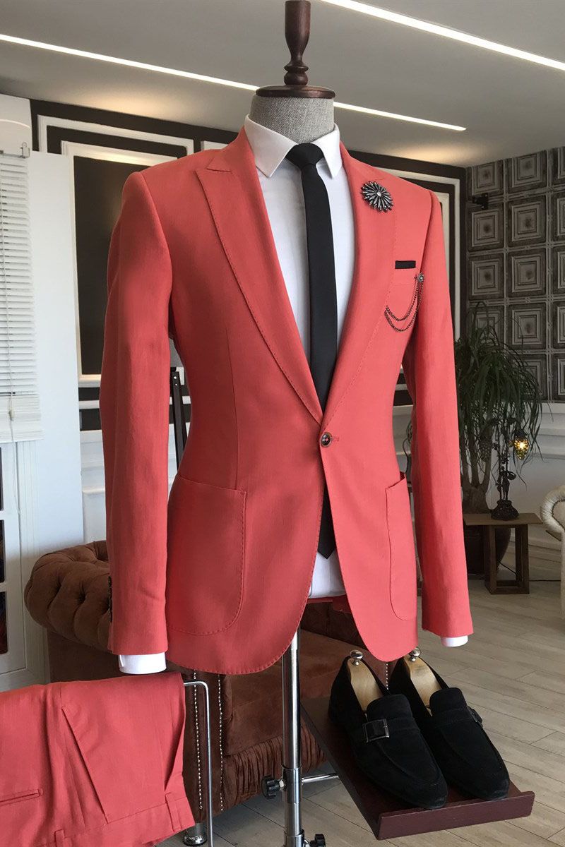 Red Peaked Lapel Slim Fit 2 Flaps Men's Prom Suits-showprettydress