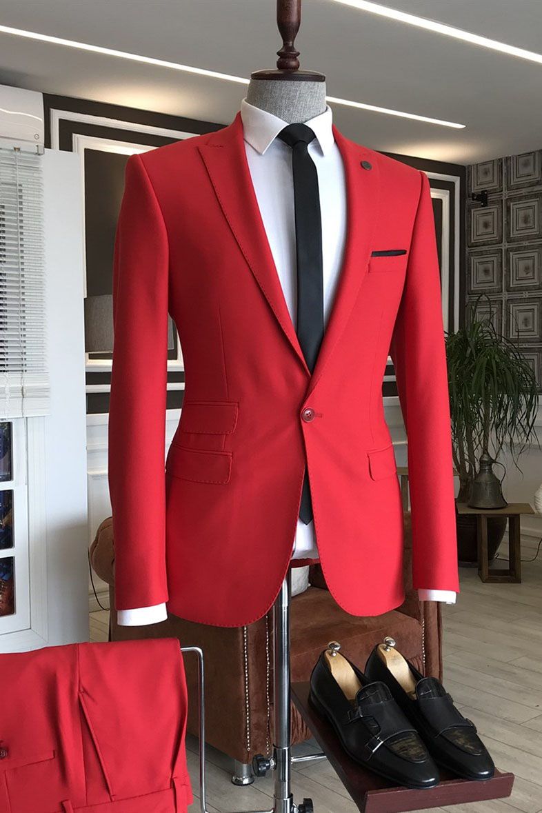 Red Peaked Lapel Slim Fit Bespoke Men's Prom Suits-showprettydress