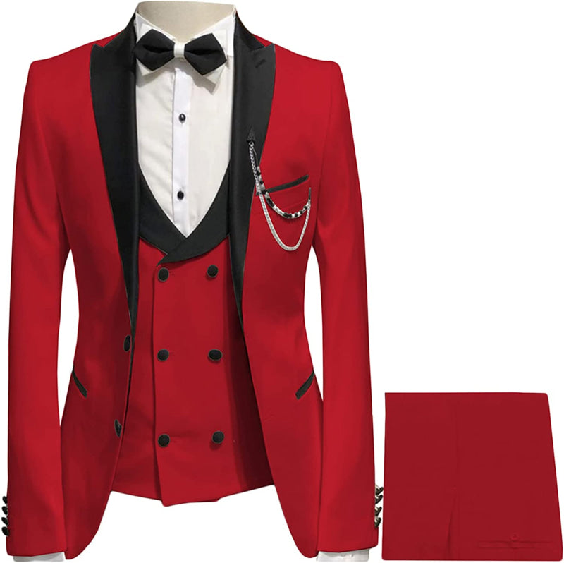 Montague Red Peaked Lapel Three Pieces Bespoke Prom Suits