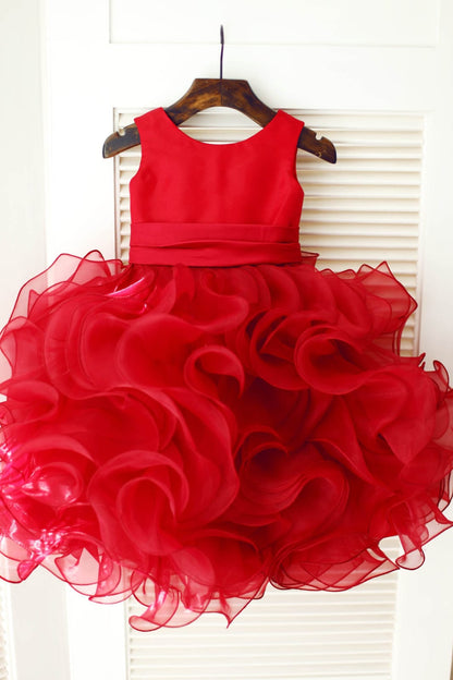 Red Satin Ruffle Organza TUTU Princess Flower Girl Dress