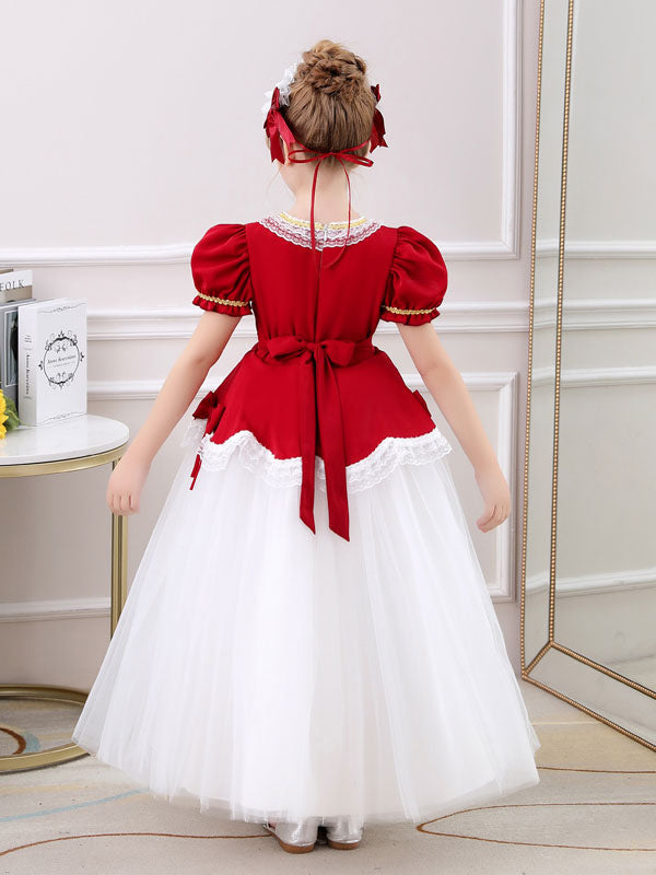 Red Square Neck Short Sleeves Ankle-Length Princess Tulle Flowers Kids Party Dresses-showprettydress